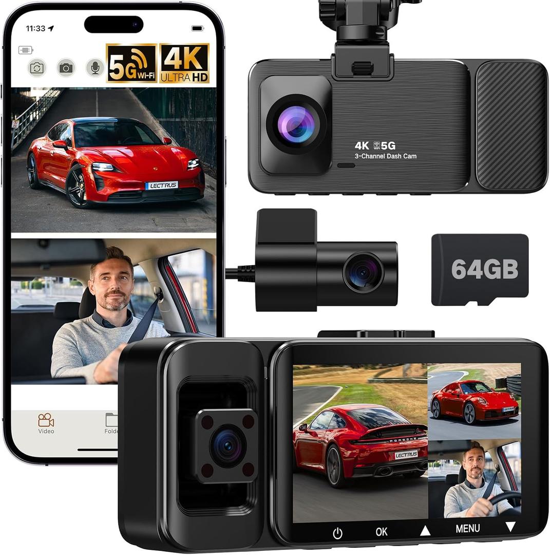 3 Channel Dash Camera for Cars, 4K UHD Dash Cam Front and Rear Inside with 64GB Card, 170+150+140 Wide Angle Recording, G-Sensor, Loop Recording, 24H Parking Monitor, Night Vision, 5GHz WiFi