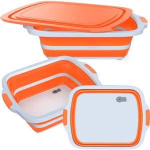 2-Pack XL Collapsible BBQ Prep Tub with Built-In Cutting Board, Lid & Strainer  Marinate, Drain & Prep  Large Food-Safe Container  Perfect for Grilling, Smoking & Outdoor Cooking (Orange)