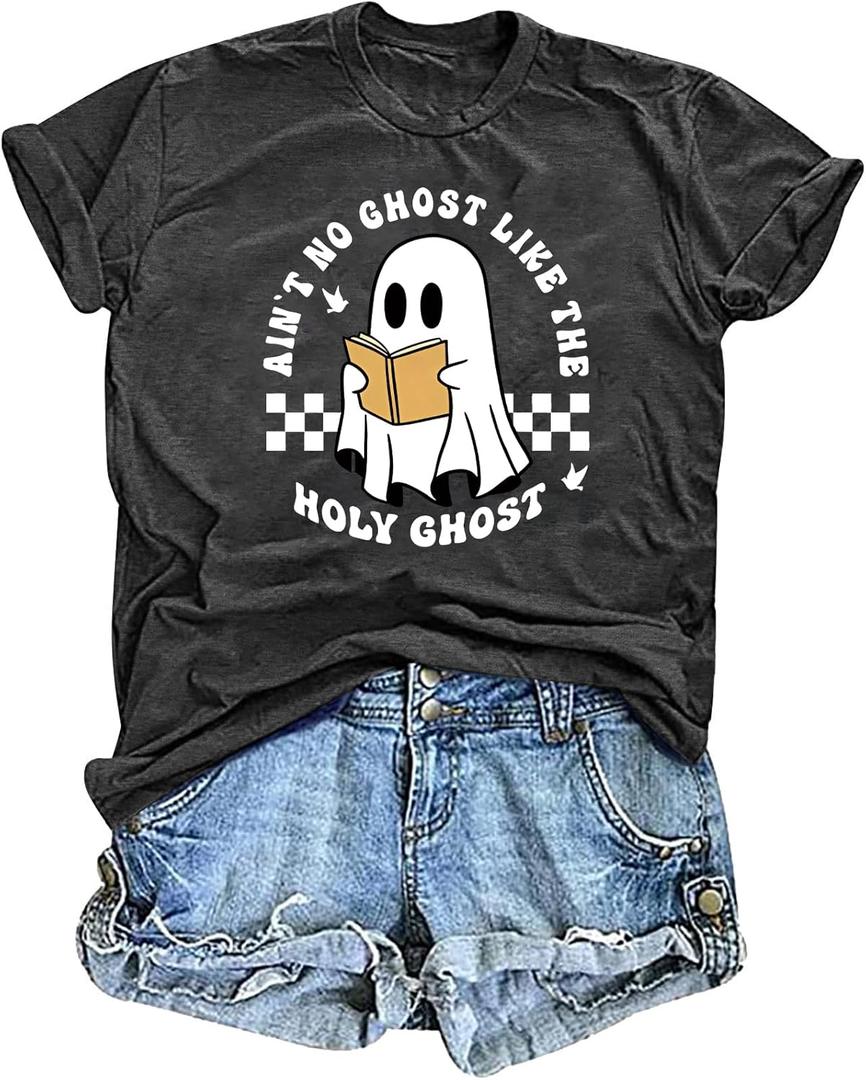 Halloween Teacher Shirts for Women Reading Books Shirt Funny Spooky Teacher Tee Halloween Party Short Sleeve Tops (XXL)