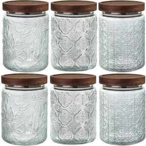 24 OZ Airtight Glass Storage Jar with Bamboo Lid - Vintage Glass Jar Vintage Food Containers Canisters Set for Kitchen Counter & Pantry - Ideal for Sugar, Flour, Coffee, Tea, Candy, Oats -6 Pack