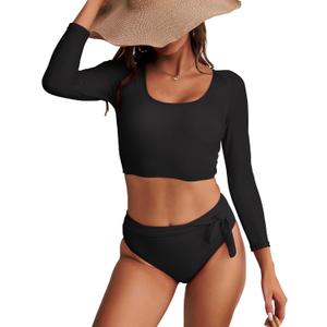 Womens Two Piece Swimsuits High Waisted Bikini Set Rash Guard Bathing Suit Long Sleeve Swimwear Crop Top Teen Girls (Medium)