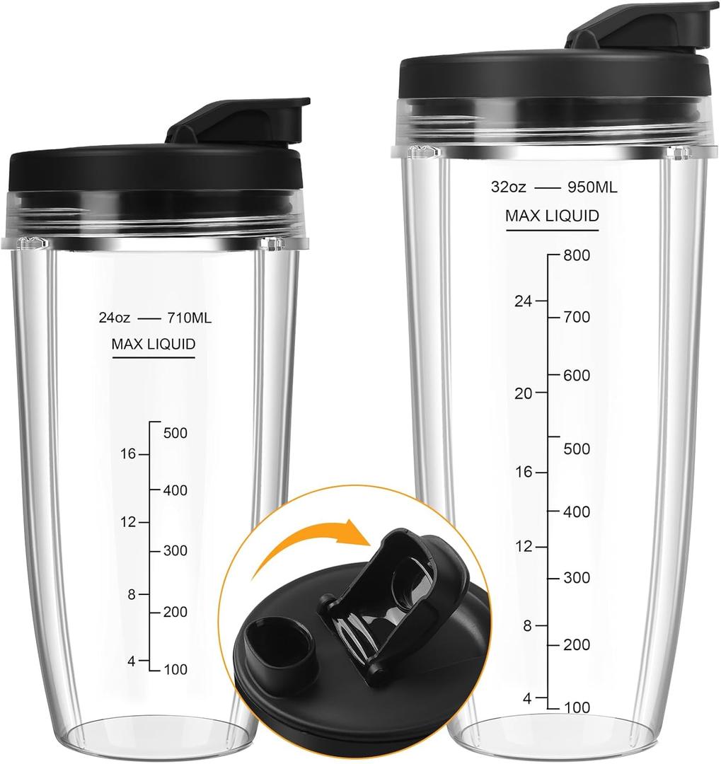 Blender Cups Replacement for Ninja, 24oz & 32oz Ninja Blender Cups with To-Go Lids Compatible with Ninja BN401, BL456, BL480, BL2012, BL2013, BL4501, BN751, BN801, SS101, SS151 (2 Pack)