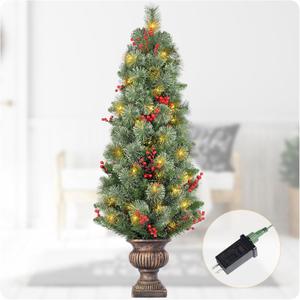 4ft Prelit Outdoor Christmas Tree with Timer Plug, Mixed Pine Potted Tree with 100 LED Lights and Red Berries, Weather-Resistant Front Door Porch Decor for Indoor Outdoor Holiday Use