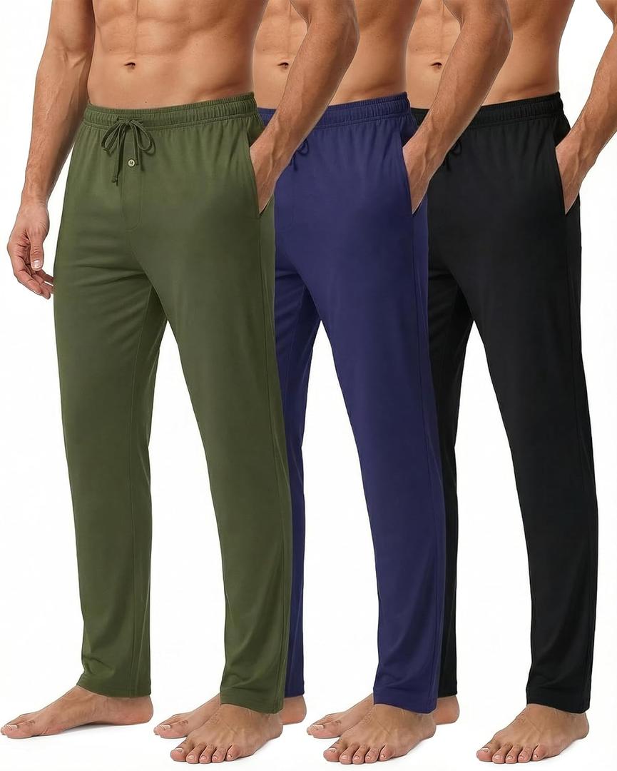 Real Essentials 3 Pack: Men's Cotton Pajama Pants Soft PJ Lounge Bottoms Loungewear Elastic Waist Pockets (3XL)