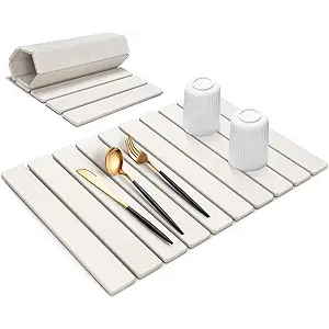 Large Stone Dish Drying Mat for Kitchen Counter, 24"(L)×16"(W), Collapsible Quick Drying Dish Mats, Ultra Absorbent Diatomaceous Earth Mats for Dishes Bottles Cups, Match Any Countertop