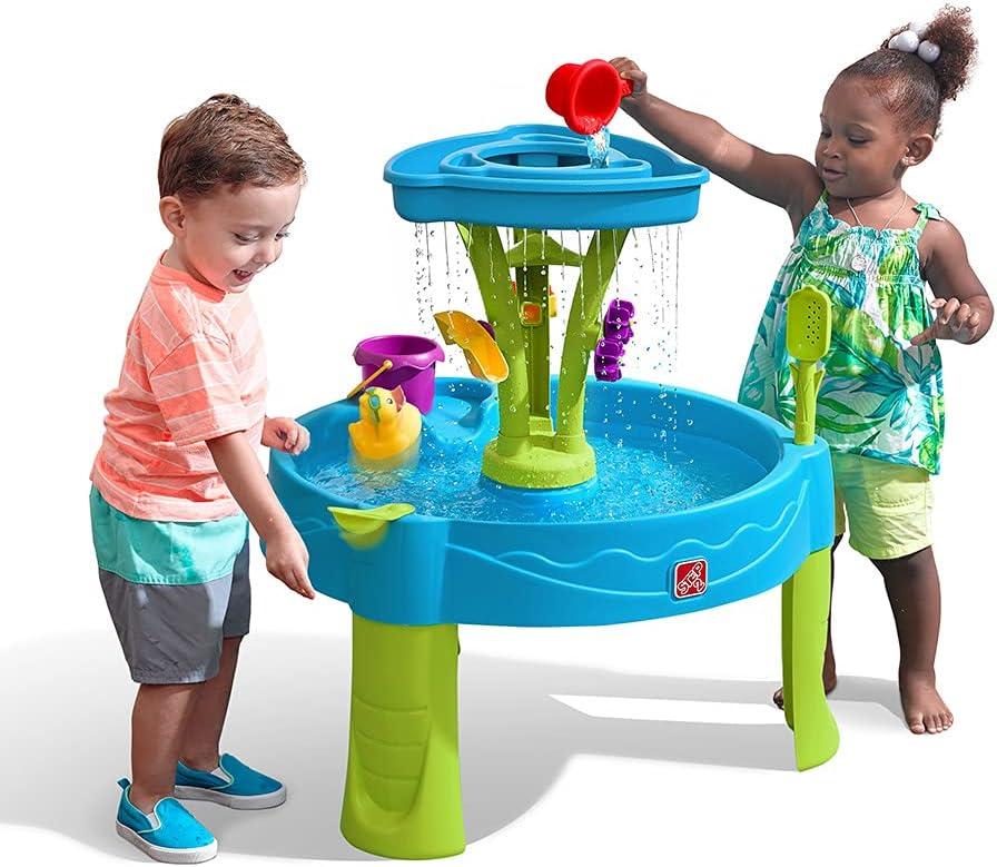 Step2 Summer Showers Splash Tower Water Table for Kids, Outdoor Kids Water Sensory Table, Ages 1.5+ Years Old, 8 Piece Water Toy Accessories, Blue & Green