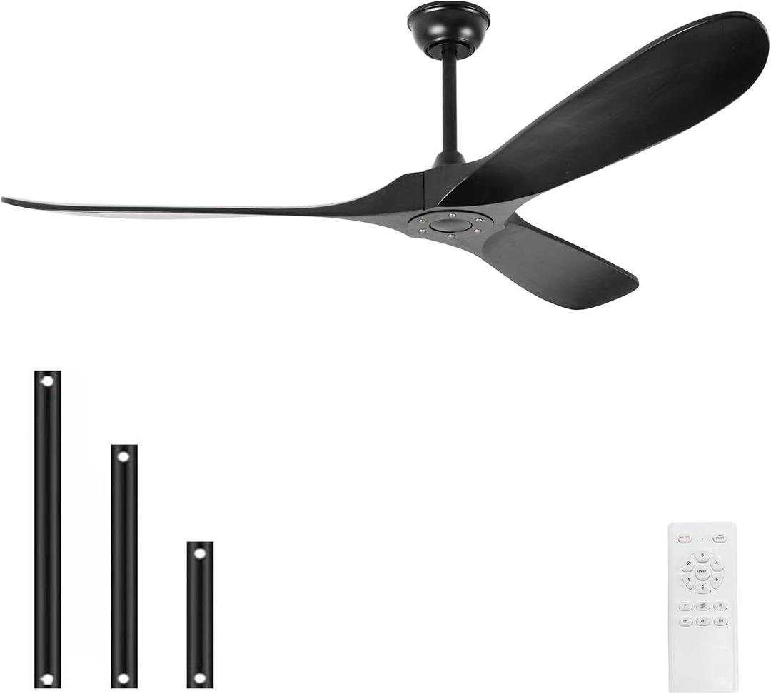 Solid Wood Ceiling Fan without Light, Modern Black Ceiling Fans with Remote Control, Quiet and Reversible DC Motor,Outdoor Ceiling Fan for Garage, Porch, Living Room, Bedroom