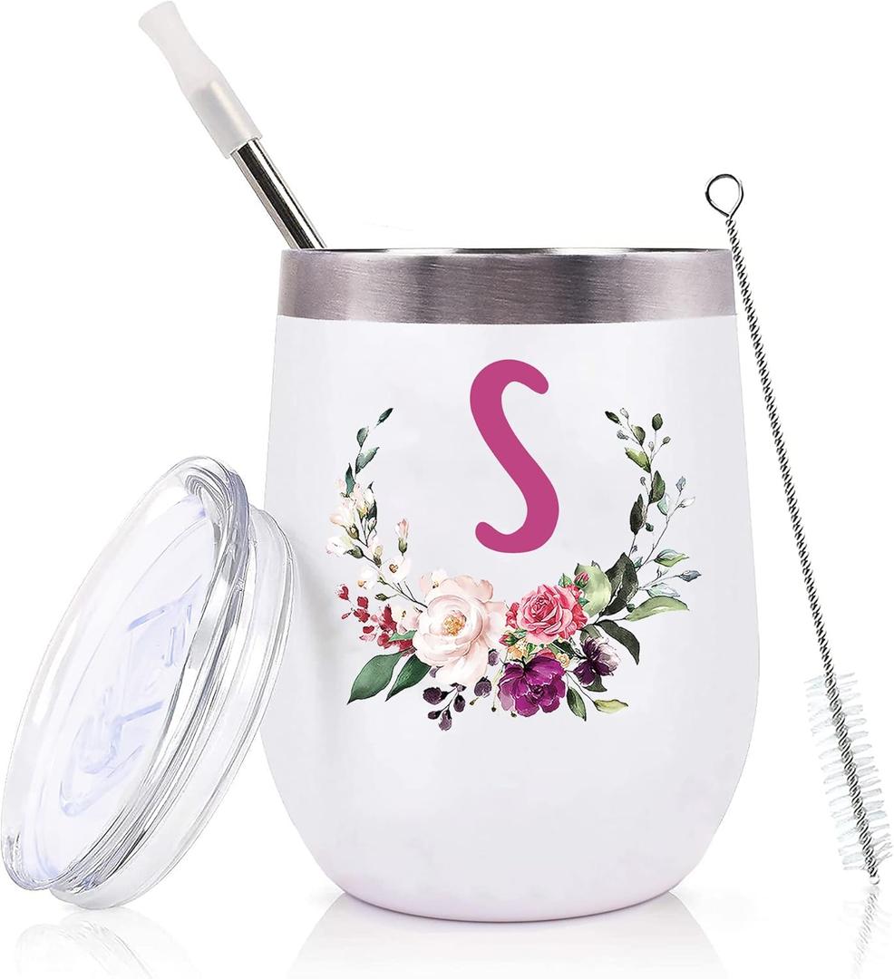 PFL Wedding Gifts for Maid of Honor From Bride -Bachelorette Party Gifts-Bridal Shower Bridesmaids Best Friends Sister -12oz Women Monogrammed Wine Tumbler Coffee Mug Cup Glass -Initial Letter S