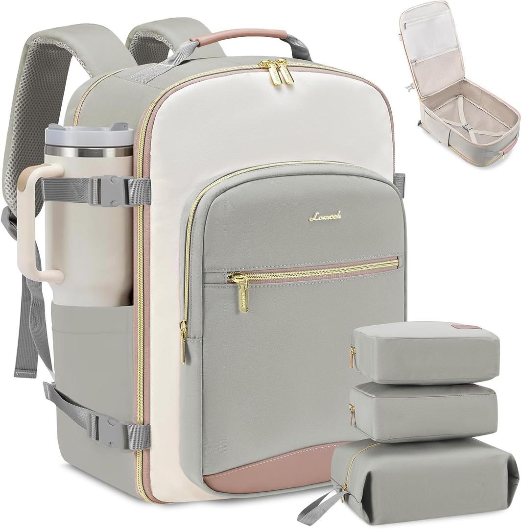 LOVEVOOK 40L Travel Backpack for Women & Men, Airline Approved Carry On Luggage with 3 Packing Cubes, TSA Overnight Bags, Waterproof Personal Item Bag, Weekender Essentials Backpacks fits 17" Laptop (Light Grey-beige-pink)