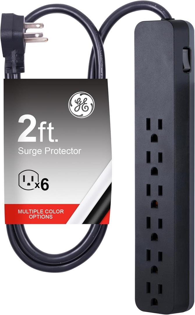 GE Pro 6 Outlet Surge Protector, 2 Ft Long Extension Cord, Power Strip, Flat Plug, Wall Mount, Black, 45170
