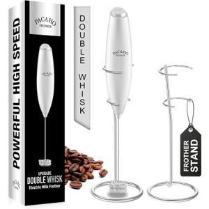 Powerful Milk Frother with Stand with Double Whisk, Handheld Electric Foam Maker, Hand Mixer Wand, Portable Mini Blender Foamer Stirrer for Coffee Creamer, Latte, Matcha,Hot Chocolate, Silver