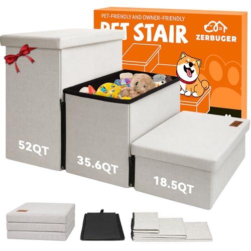 Amazon.com : Zerbuger Dog Stairs with Storage 18" H, 3-Step Wider Dog Steps for Small/Medium/Large Old Dogs Cats, Folding Sturdy Pet Stairs Climbing Bed or Couch, Ramp for Car Up to 200 lbs (Beige, No Condo) : Pet Supplies