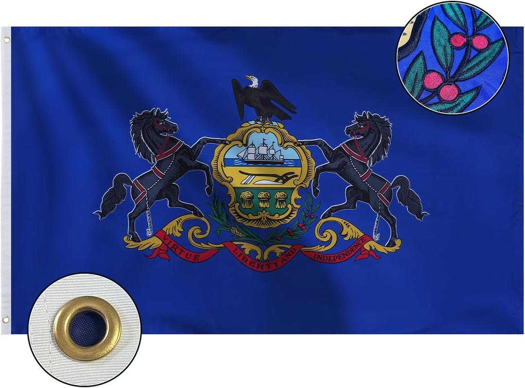 Bradford Embroidered Pennsylvania State Flag 3x5 feet Outdoor, Heavy Duty PA Pennsylvania Flags State of Pennsylvania Flag with 2 Brass Grommets for Outsides Long Time Use