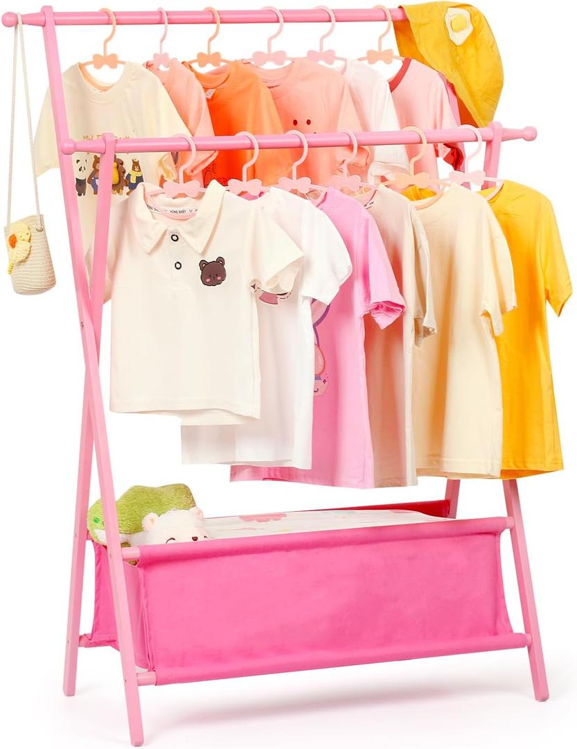 Bamboo Kids Clothing Rack with Dual Poles, Child Dress Up Rack, Clothing OrganizerRack, Small GarmentRack with Storage, Perfect for Costumes and Accessories (Pink)
