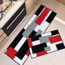 Red Geometric Kitchen Rugs and Mats Non Skid Washable Set of 2, Checked Black Grey Mats for Floor, Rustic Minimalist Runner Rug, Modern Abstract Kitchen Decor