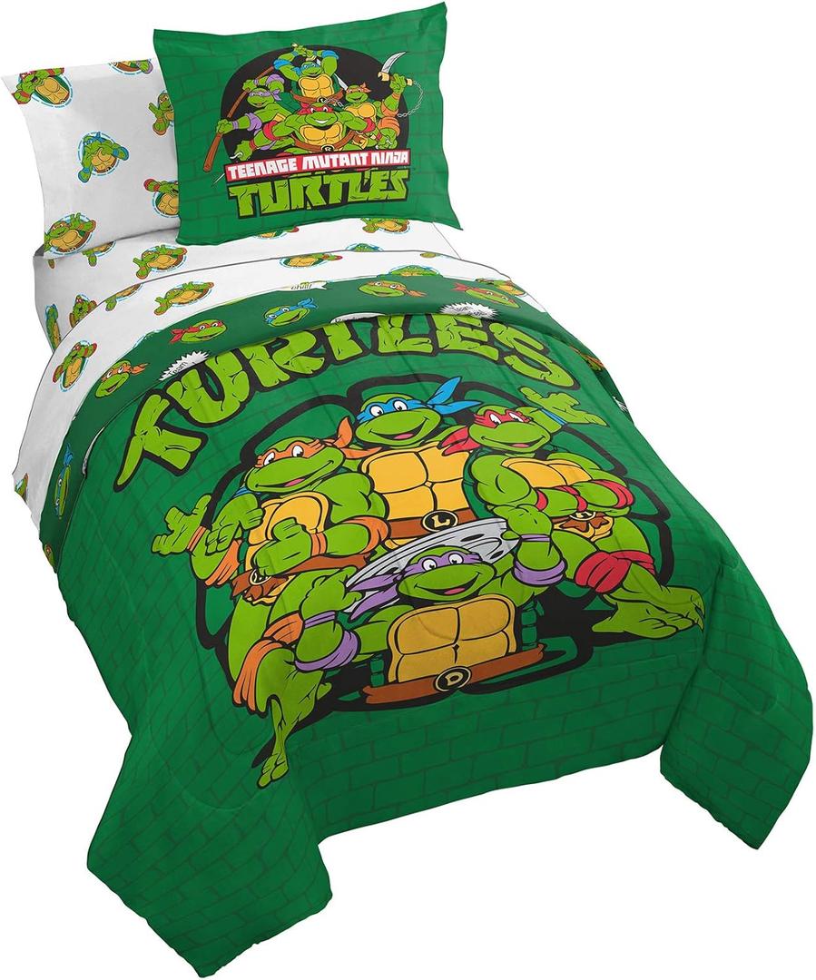 Jay Franco Nickelodeon Teenage Mutant Ninja Turtles Green Bricks 7 Piece Bed Set-Includes Reversible Comforter & Sheet Set Bedding-Super Soft Fade Resistant Microfiber Official Nickelodeon Product (Full)