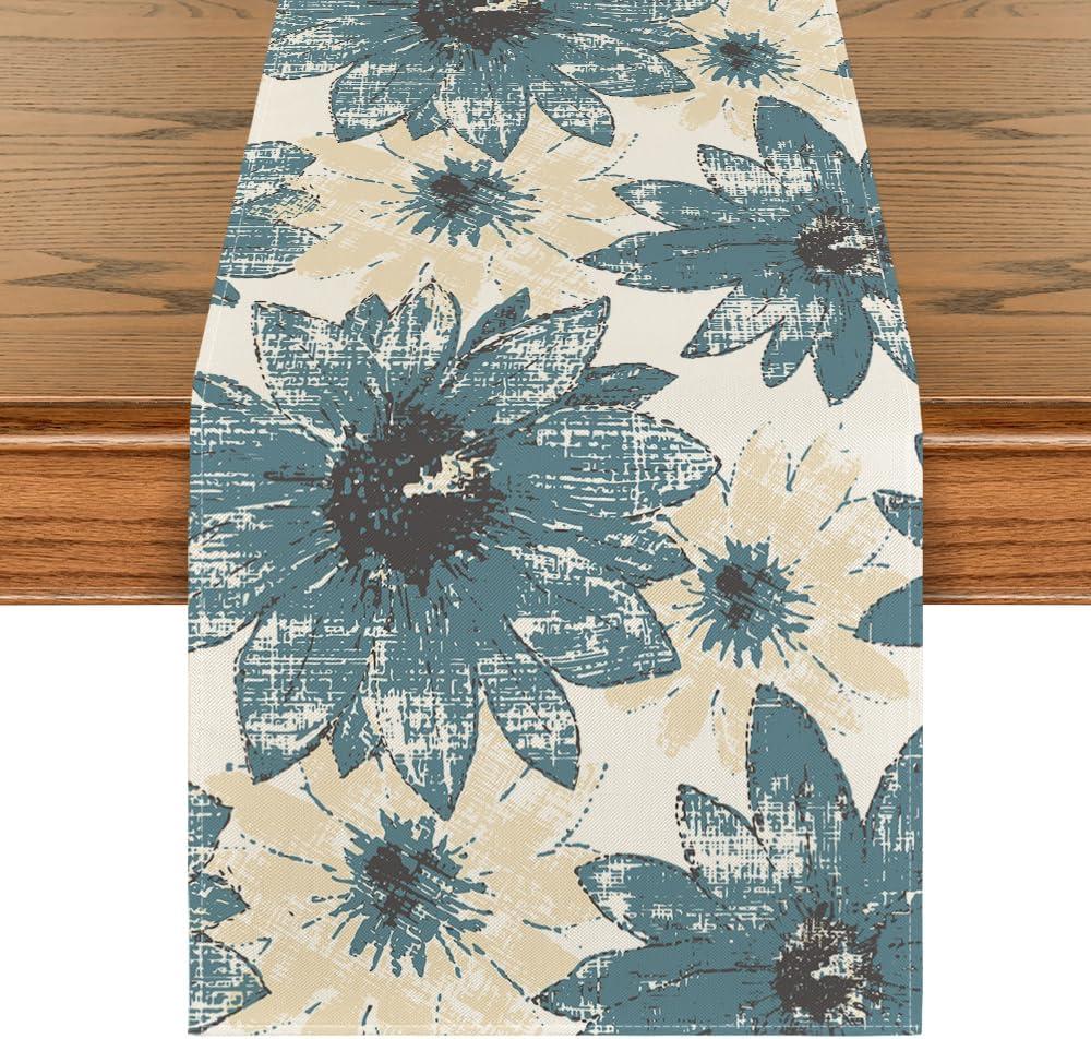 Artoid Mode Blue Retro Daisy Spring Table Runner, Seasonal Vintage Kitchen Dining Table Decoration for Home Party Decor 13x120 Inch