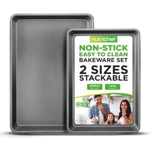 NutriChef 2-Piece Nonstick Cookie Sheet Baking Pan Set - Premium Bake Trays w/ Sleek Non-Stick Coating PFOA, PFOS, & PTFE Free - Large (15"x11") & Medium (13"x9") - Dishwasher Safe (Gray)
