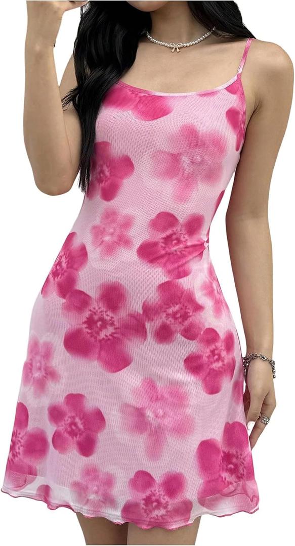 SOLY HUX Girl's Floral Cami Sleeveless Mesh Bodycon Summer Mini Dresses (Pink)