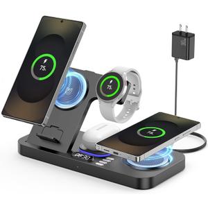 Magnetic Wireless Charger for Samsung, 6 in 1 Charging Station,30W Dual Phone with Auto-Switch 7-Color Light & Clock,for Samsung S25,for Galaxy Buds for Samsung Galaxy Watch
