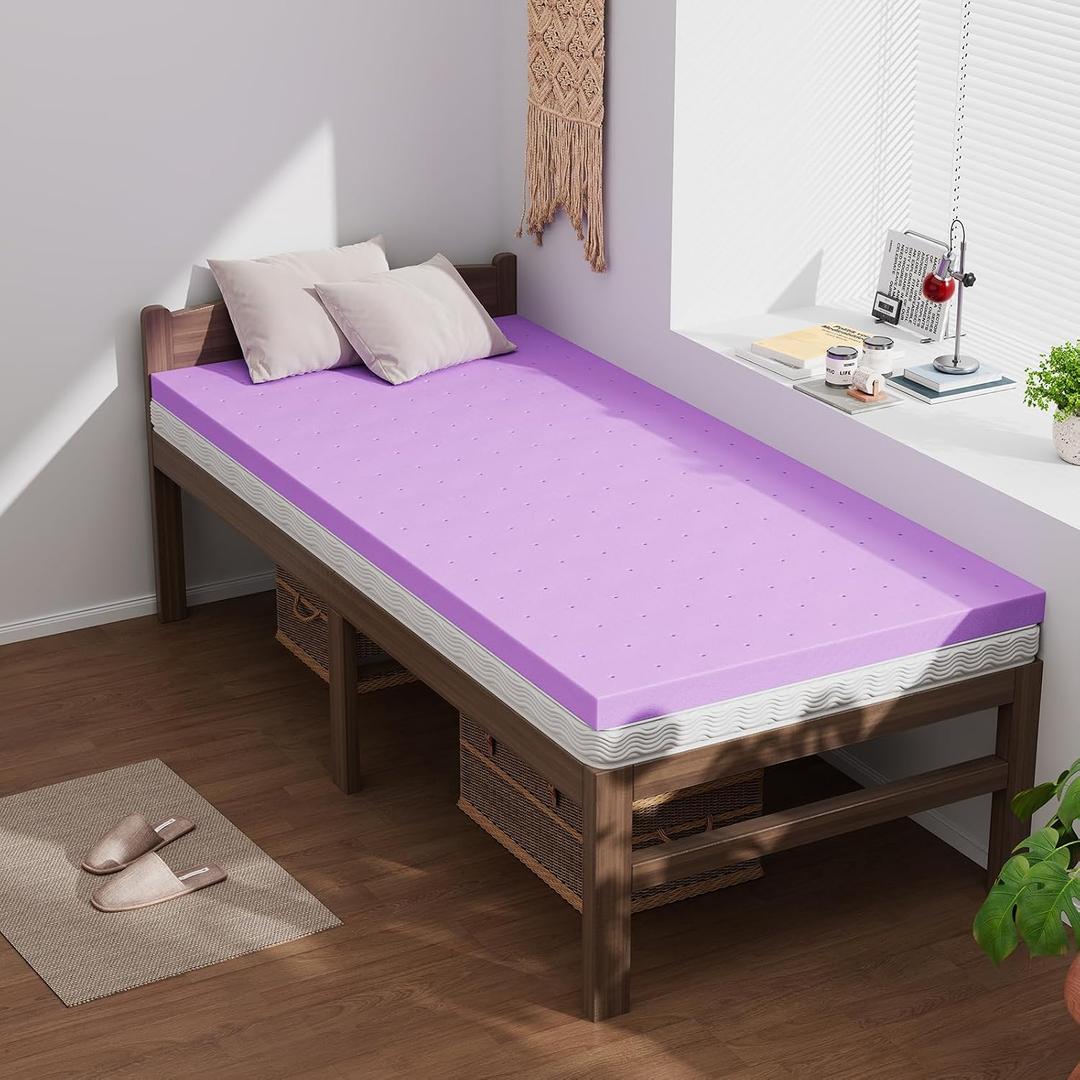 DUMOS 2 Inch Cooling Memory Foam Mattress Topper Twin, Gel Ventilated Soft Pressure Relief Mattress Pad, Breathable Bed Topper for Bedroom, RV, Camper and Sleeper Sofa, CertiPUR-US Certified, Purple