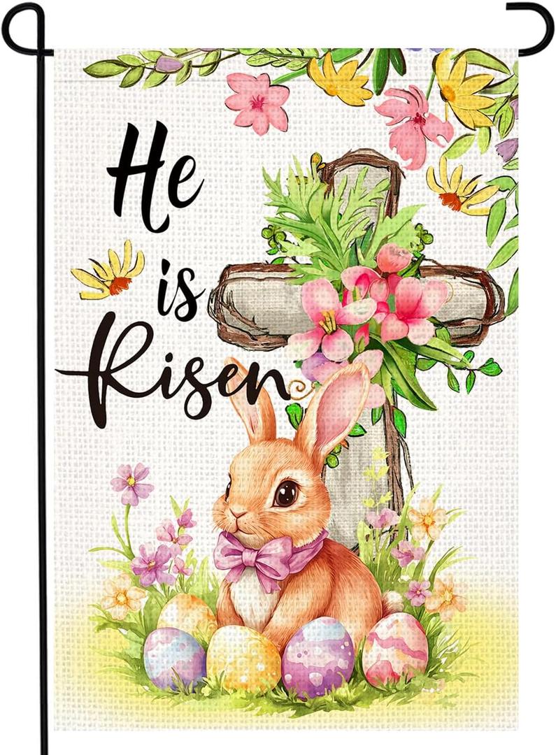 LosFong He Is Risen Christian Easter Garden Flag 12x18 Inch Double Sided Easter Eggs Bunny Cross Floral Small Garden Flags, Lawn Yard Flag for Outdoor Decoration