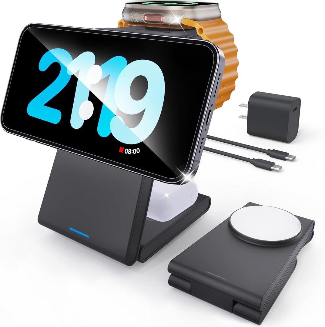 Kysson Foldable 3 in 1 Charging Station for Multiple Devices, Travel Wireless Charger for MagSafe Charger Stand, Magnetic Charging Stand for iPhone 17/16/15/14/13/12 for iWatch AirPods Black
