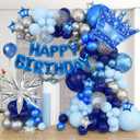 Ouddy Life 164Pcs Blue and Sliver Birthday Decorations for Men Boys, Navy Blue Balloons Kit with Happy Birthday Crown Star Foil Balloons Fringe Curtains for 21st, 25th 30th 50th Party