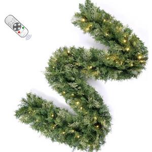 Christmas Garland with Dual Color 50 LED Lights 9 Ft, Prelit Xmas Garland with Cypress Leaf, Timer by Remote Control and Batteries Operated for Mantle Staircase Indoor and Outdoor