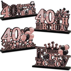 4pcs 40th Birthday Decorations Wooden Table Centerpieces for Women, Rose Gold Pink 40th Birthday Table Sign Party Supplies, Hello Forty Cheers to 40 Years Bday Table Decor