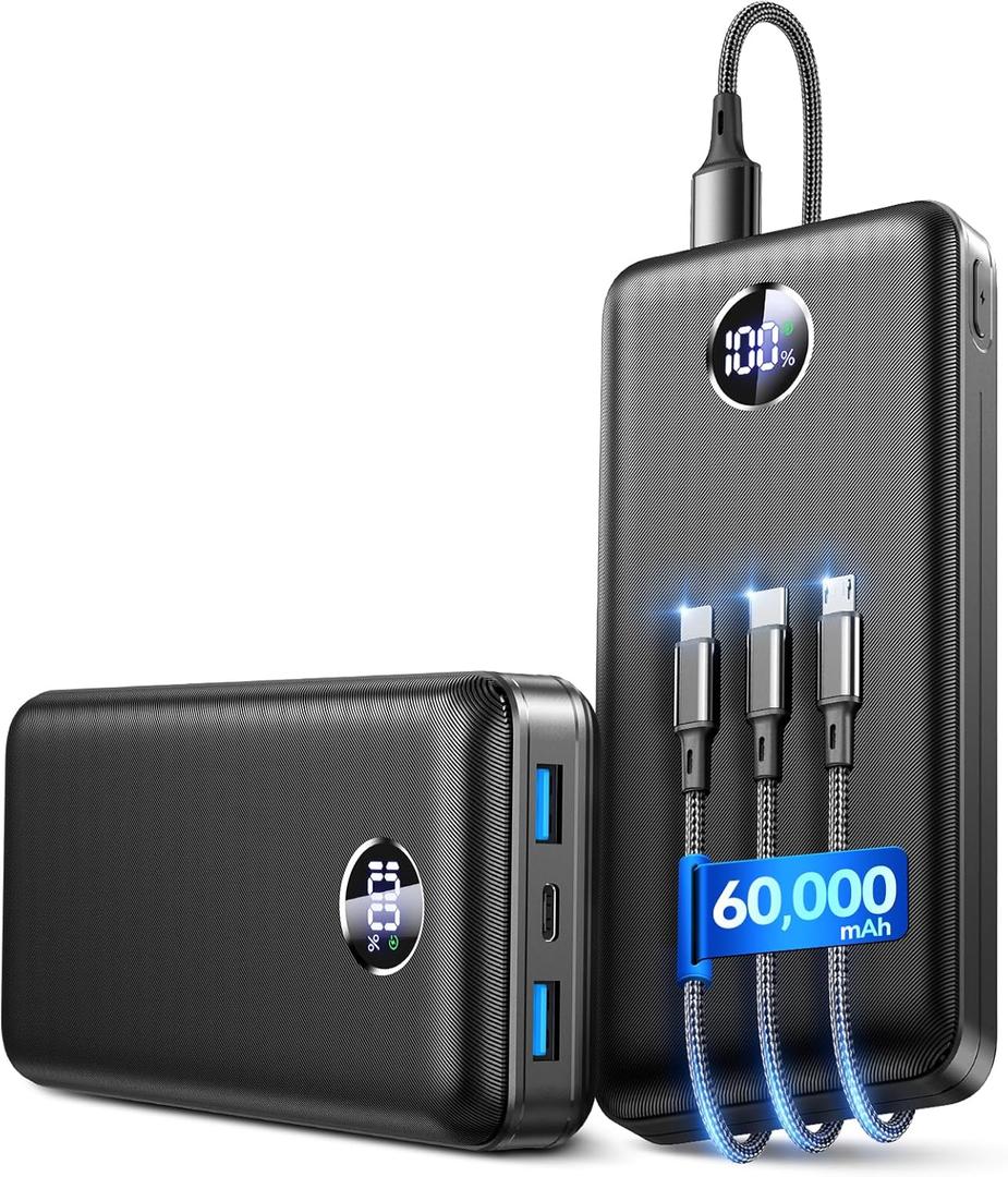 Portable Charger Power Bank - 60,000mAh Battery Pack, 22.5W Fast Charging Phone Charger Attached USB-C/iOS/Micro-USB Cable, Powerbank for iPhone 17 16 15 14 13 Samsung, for Travel Camping Essentials
