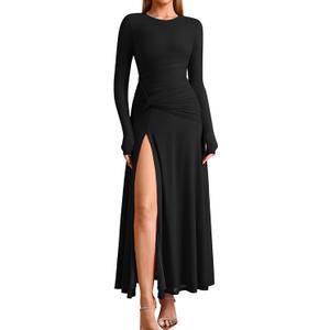KUTUMAI Long Sleeve Slit Formal Dresses for Women 2025 Fall Wedding Guest Cocktail Party Modest Ruched Maxi Dress (Black, S)