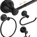 Hoimpro Matte Black 4-Piece Bathroom Bath Set, Wall Mount Bathroom Hardware Fixture (Adjustable Towel Bar Rack, Towel Ring Holder, Paper Towel Holder, Double Towel Hook), Bathroom Accessories