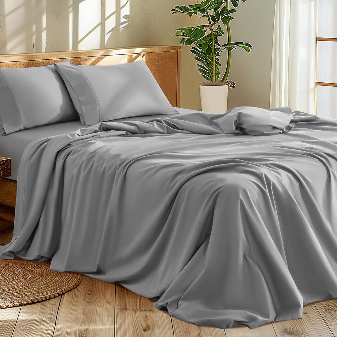 Shilucheng 1200 Thread Count Cotton Sheets SetLuxury 100% Egyptian Cotton Bed Sheets5-Star Hotel Quality Sheets, Breathable & Cooling, 16 Inch Deep Pocket - 4 Piece (Grey, Queen)