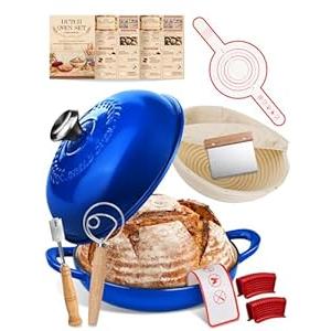 Dutch Oven Bread Baking Pot with Lid 6QT Cast Iron Design & Complete Sourdough Kit (Banneton Basket, Dough Tools, Silicone Sling) for Artisan Bread Making (Blue)