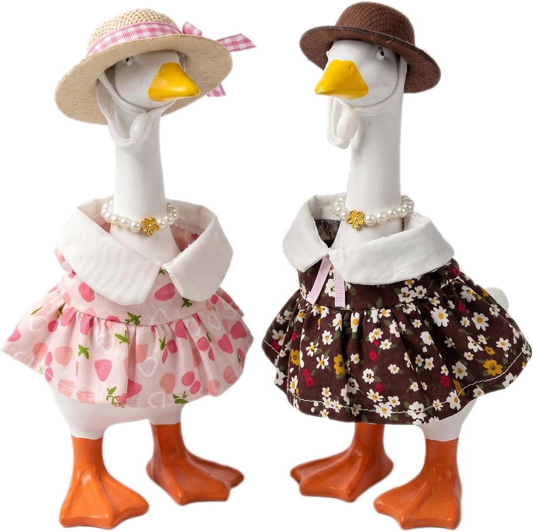 Desk Goose Outfits 7 Inches- 2 Set Cute Spring Summer Matching Dresses for Mini Desktop Geese with Hats Necklace, Magnetic Duck Goose Statue Accessories