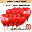 Big Red Heart Foil Balloons, Big Giant Jumbo Heart Shaped Mylar Aluminium Decoration for Girl Valentine's Day Surprise Birthday Wedding (Red, 32" Pack of 8)
