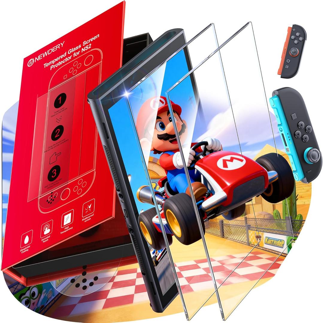 NEWDERY 2-Pack for Switch 2 Screen Protector [2025 Verision] with Auto Alignment Kit, Tempered Glass[Stronger Durable], Auto-Dust Removal,Full Coverage Switch 2 Accessories, 2 Pack