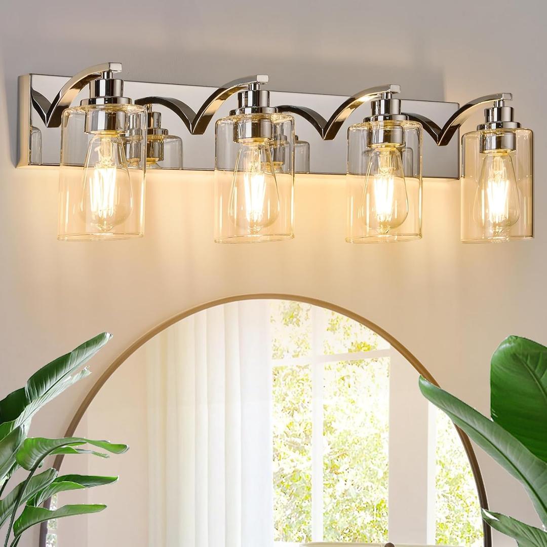 4-Light Bathroom Light Fixtures Modern Chrome Vanity Lights for Bathroom Lighting Fixtures Over Mirror with Clear Glass Shade for Cabinet Mirror Bedroom Hallway