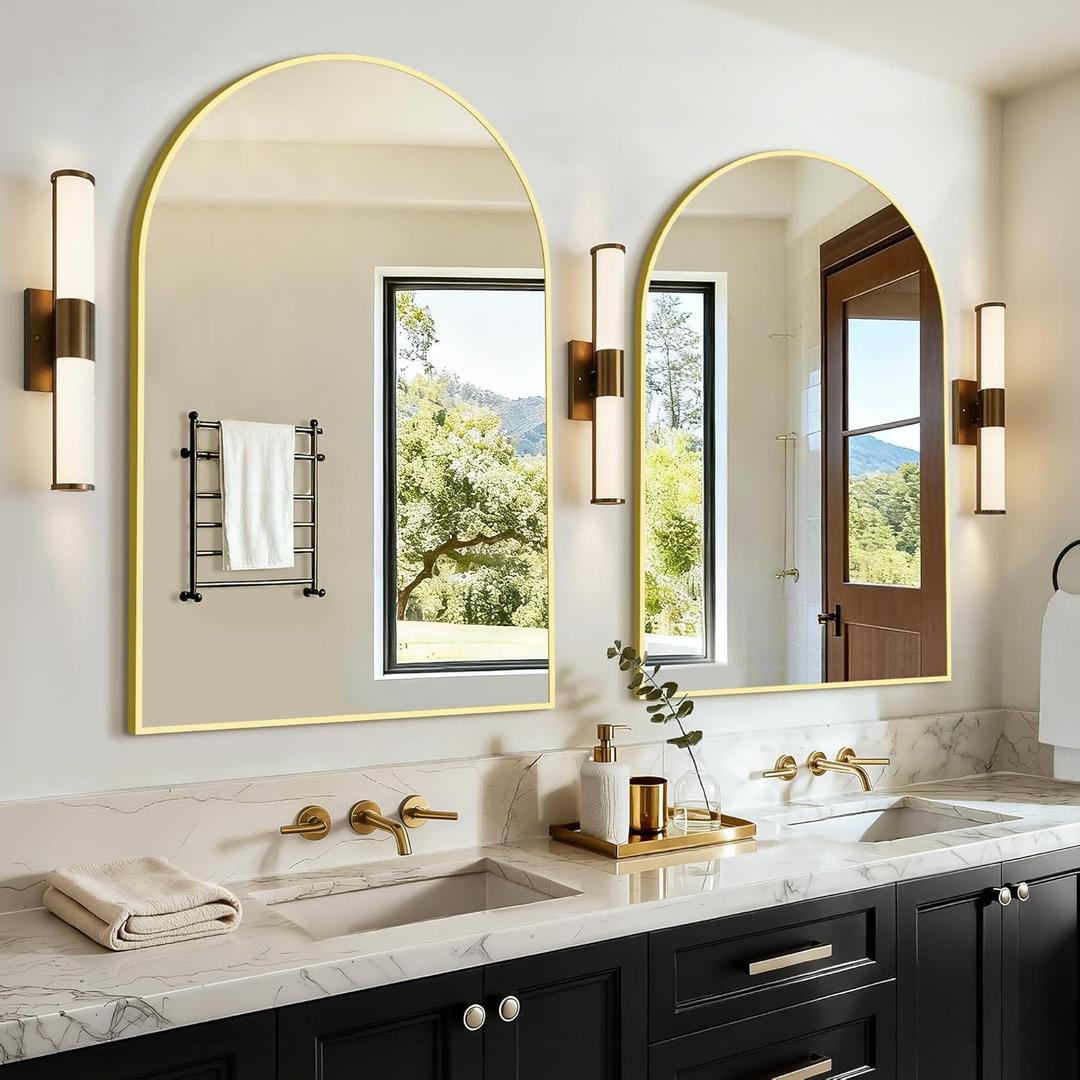 Vanity Bathroom Mirror for Wall, 2 Pack 36x24 Arched Bathroom Mirror for Over Sink, Arched Metal Frame for Bedroom, Living Room, Entryway, Hanging or Leaning, Gold