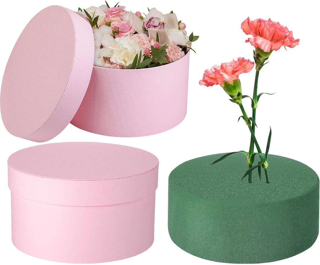 Nuenen Gift Boxes with Lids Floral Foam Set Round Boxes Flower Arrangements Supplies Round Floral Foam for Flowers for Mother's Day Bridesmaid Wedding(Pink)