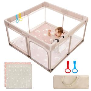 Joypony Baby Playpen with Mat, 50x50 in Small Play Pen for Babies, Toddler Playpen for Apartment, Indoors Play Yard with Soft Breathable Mesh (Beige with Mat)