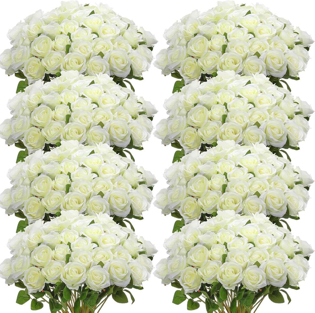 Hotop 120 Pcs Roses Artificial Flowers in Bulk,Long Stem Artificial Flower Bouquet,Silk Real Touch Fake Rose for Wedding Party Table Centerpieces Decor Valentines Gifts(White)