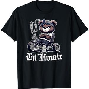 LIL HOMIE Cute Teddy Bear Hip Hop Chicano Lowrider Cholo T-Shirt (Small, Black)