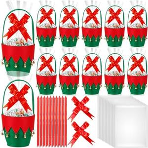 Hahafelt 12 Pcs Christmas Felt Buckets for Gift, Small Christmas Basket Empty with Handle Pull Bow Candy Bag, 3.1 x 4.7 Inch Pails Treats Storage Decorations for Xmas Party Supplies Gift Packaging