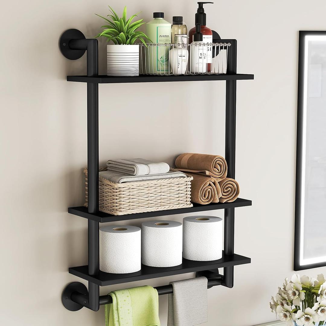 Bathroom Shelves Wall Mounted, 3 Tier Bathroom Shelf with Towel Bar, 26in Stainless Steel Floating Pipe Racks Over Toilet, Wall Shelves for Bathroom Laundry Room Kitchen Storage, Black