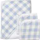 HonestBaby 3-Piece Organic Cotton Hooded Towel & Washcloth Set, Blue Painted Buffalo Check, One Size (Love Dot (Set of 4))