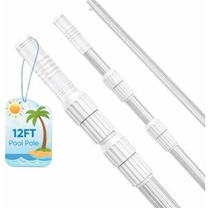 12FT Telescopic Pool Pole, Pool Skimmer Pole Heavy Duty, Adjustable 3 Piece Expandable Step-Up, Universal Pole for Skimmer Nets, Rakes, Brushes, Vacuum Heads Cleaning.