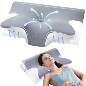 Effective Pain Relief Cervical Neck Pillow for Sleeping, Memory Foam Pillows for Neck Support, Odorless Contour Side Pillow, Ergonomic Bed Pillow for Back Stomach Sleeper (Grey and White, Queen)
