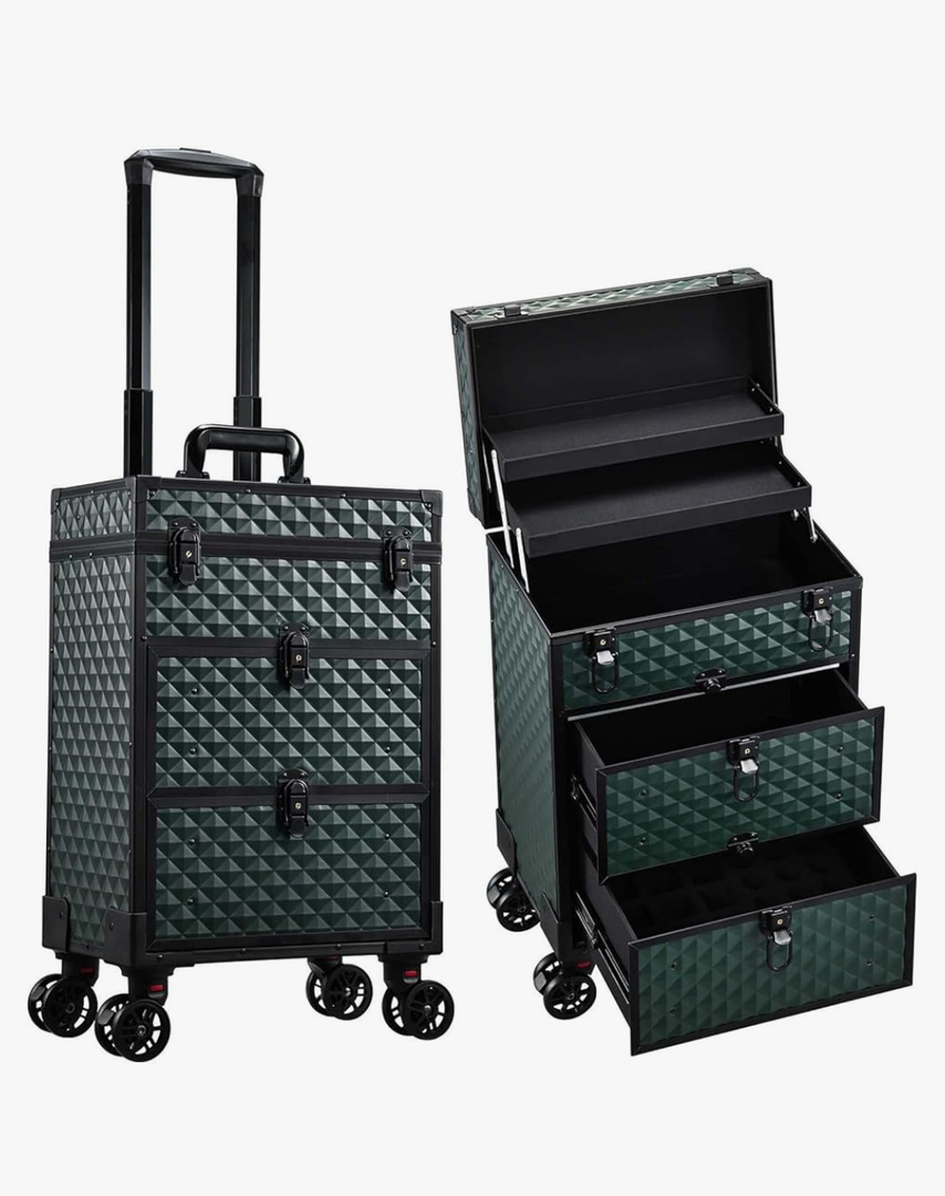 Rolling Makeup Train Case with Wheels 2 Large Drawers Nail Organizer Case Cosmetic Train Cases Traveling Cosmetology Case on Wheels Tattoo Carrying Case Makeup Carts Dark Green